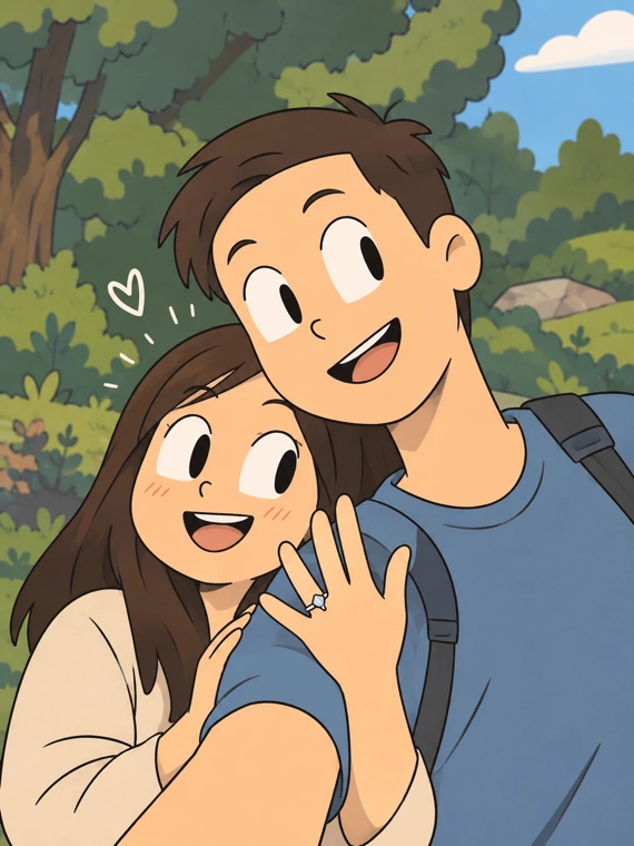 Illustration of So Hyeon and Jake hugging outdoors, with So Hyeon showing her engagement ring